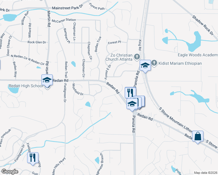 map of restaurants, bars, coffee shops, grocery stores, and more near 5380 Kristian Court in Stone Mountain