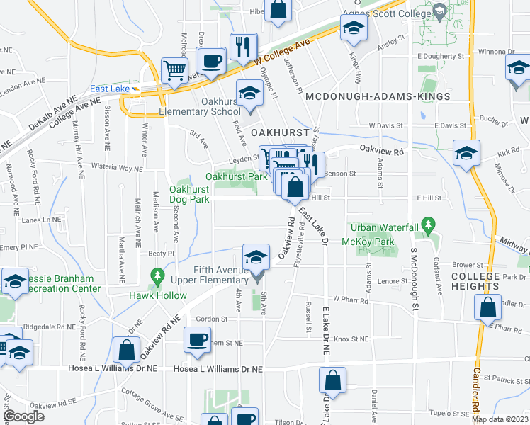 map of restaurants, bars, coffee shops, grocery stores, and more near 619 East Lake Drive in Decatur