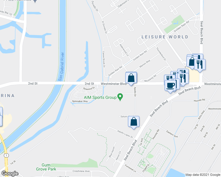 map of restaurants, bars, coffee shops, grocery stores, and more near 1709 Apollo Court in Seal Beach