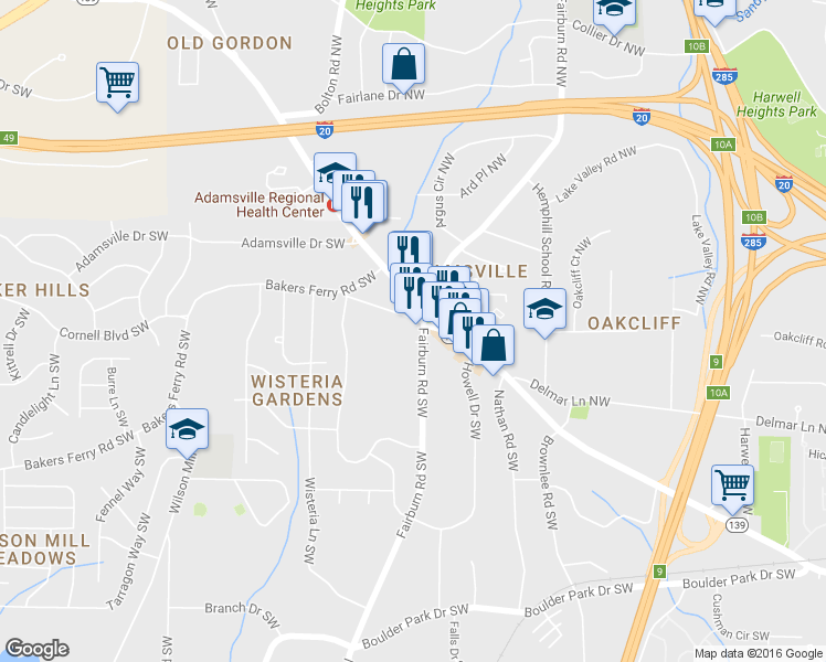 map of restaurants, bars, coffee shops, grocery stores, and more near 3604 Bakers Ferry Road Southwest in Atlanta