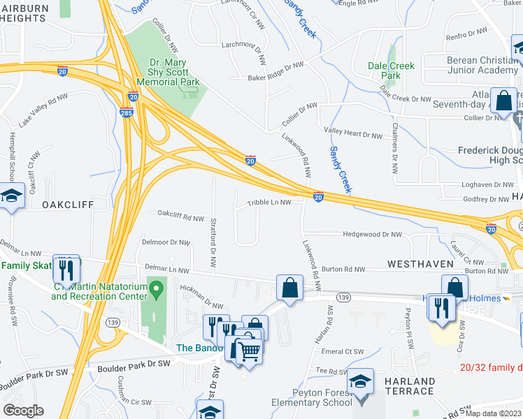 map of restaurants, bars, coffee shops, grocery stores, and more near 153 Hermer Circle Northwest in Atlanta