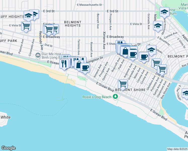 map of restaurants, bars, coffee shops, grocery stores, and more near 35 Ximeno Avenue in Long Beach