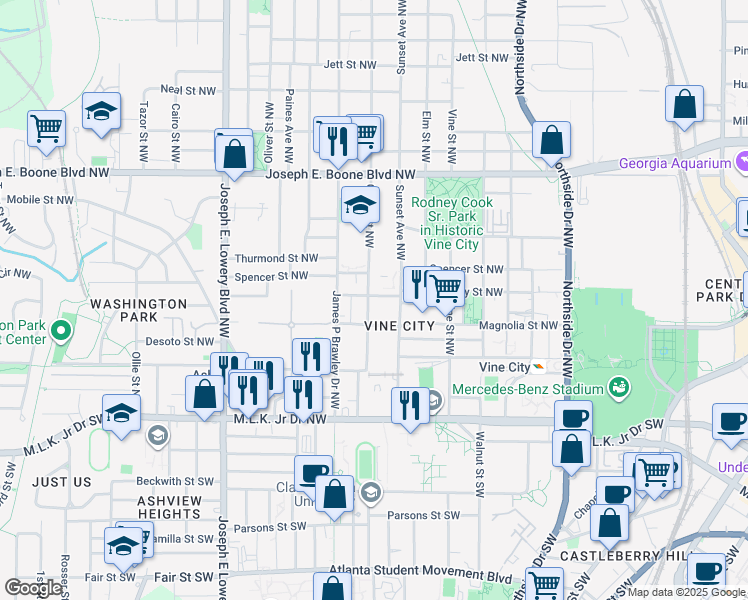 map of restaurants, bars, coffee shops, grocery stores, and more near 157 Griffin Street Northwest in Atlanta