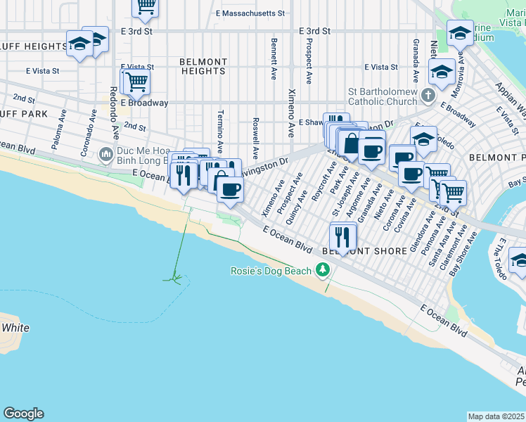 map of restaurants, bars, coffee shops, grocery stores, and more near 35 Ximeno Avenue in Long Beach