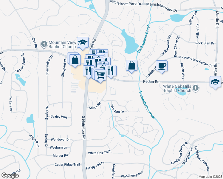 map of restaurants, bars, coffee shops, grocery stores, and more near 1247 Adcox Square in Stone Mountain