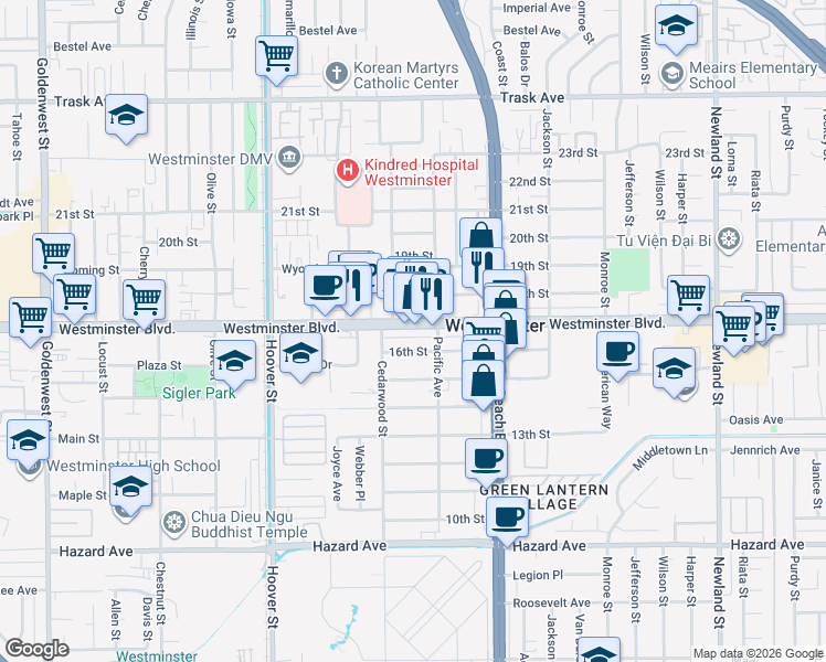map of restaurants, bars, coffee shops, grocery stores, and more near 7804 Westminster Blvd in Westminster
