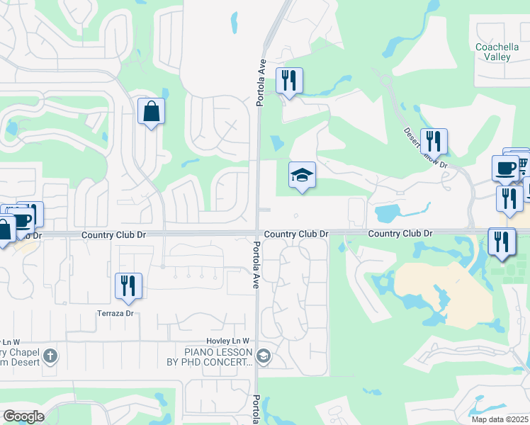 map of restaurants, bars, coffee shops, grocery stores, and more near 74000 Country Club Drive in Palm Desert