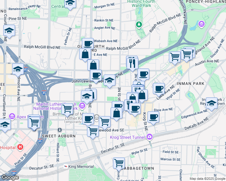 map of restaurants, bars, coffee shops, grocery stores, and more near 551 John Wesley Dobbs Avenue Northeast in Atlanta