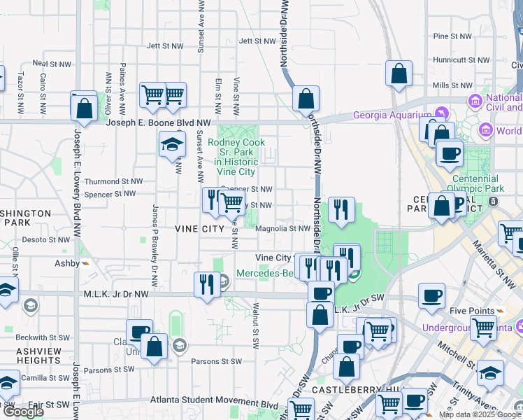 map of restaurants, bars, coffee shops, grocery stores, and more near 165 Walnut Street Northwest in Atlanta