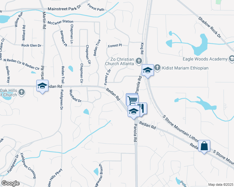 map of restaurants, bars, coffee shops, grocery stores, and more near 5492 Redan Road in Stone Mountain