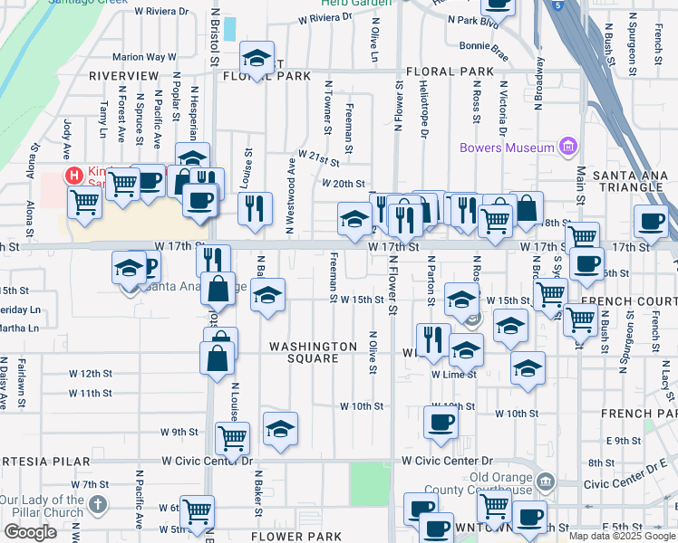 map of restaurants, bars, coffee shops, grocery stores, and more near 1601 Freeman Street in Santa Ana