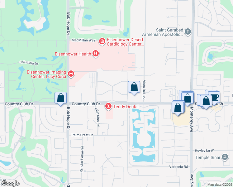 map of restaurants, bars, coffee shops, grocery stores, and more near 72419 Rodeo Way in Rancho Mirage