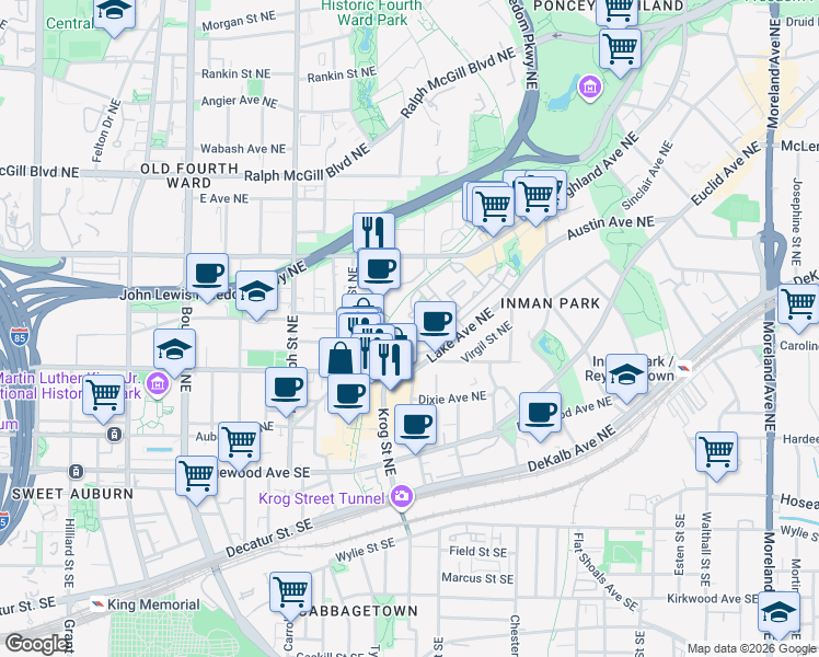 map of restaurants, bars, coffee shops, grocery stores, and more near 600 Brickworks Circle Northeast in Atlanta