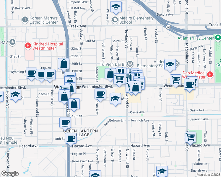 map of restaurants, bars, coffee shops, grocery stores, and more near 8342 Westminster Boulevard in Westminster