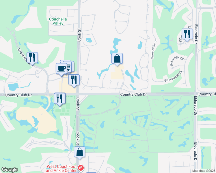 map of restaurants, bars, coffee shops, grocery stores, and more near 101 Trento Circle in Palm Desert