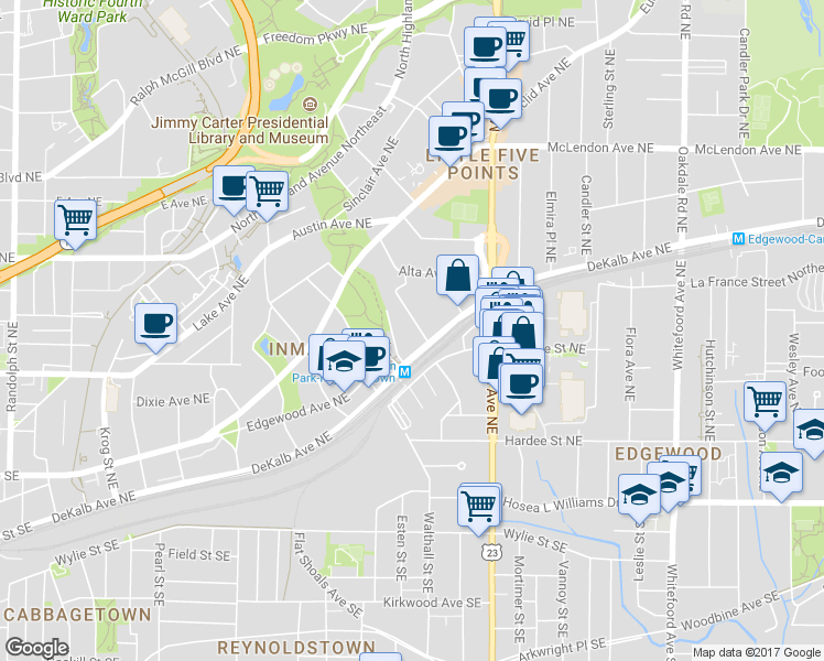 map of restaurants, bars, coffee shops, grocery stores, and more near 186 Degress Avenue Northeast in Atlanta