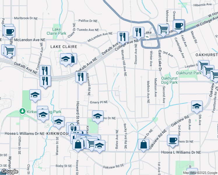 map of restaurants, bars, coffee shops, grocery stores, and more near 221 Rockyford Road Northeast in Atlanta