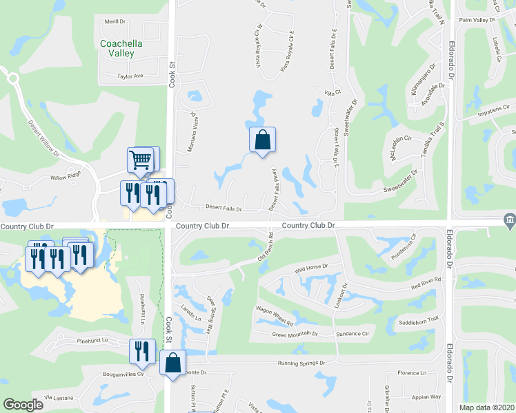 map of restaurants, bars, coffee shops, grocery stores, and more near 101 Sarona Circle in Palm Desert