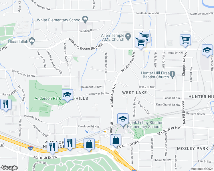 map of restaurants, bars, coffee shops, grocery stores, and more near 117 Whitaker Circle Northwest in Atlanta