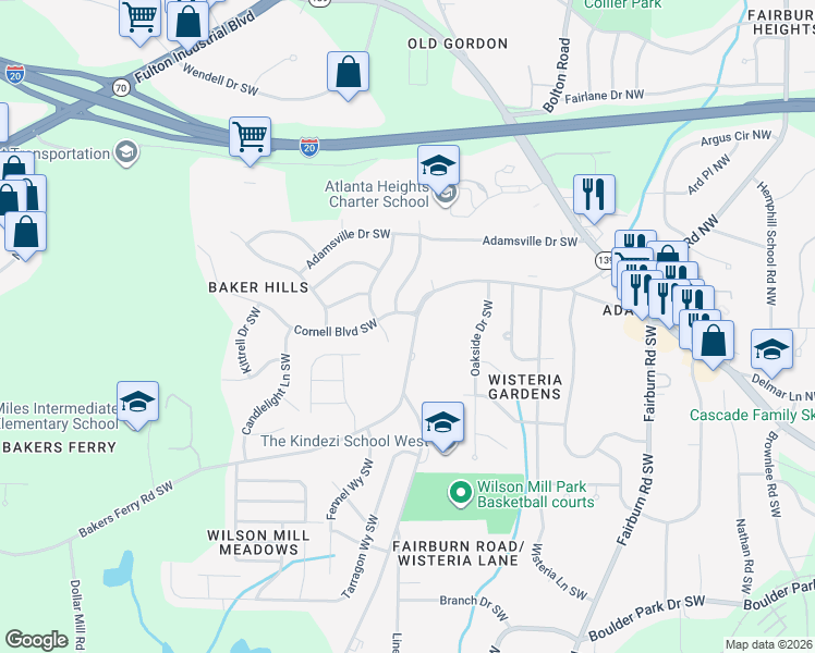 map of restaurants, bars, coffee shops, grocery stores, and more near 3825 Bakers Ferry Road Southwest in Atlanta