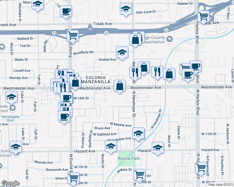 map of restaurants, bars, coffee shops, grocery stores, and more near 1609 North Parsons Place in Santa Ana