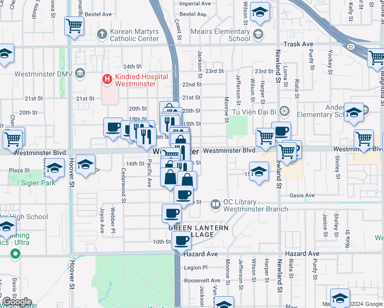 map of restaurants, bars, coffee shops, grocery stores, and more near 8070 Westminster Boulevard in Westminster