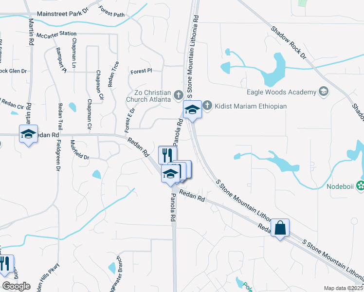map of restaurants, bars, coffee shops, grocery stores, and more near 1182 Panola Road in Stone Mountain