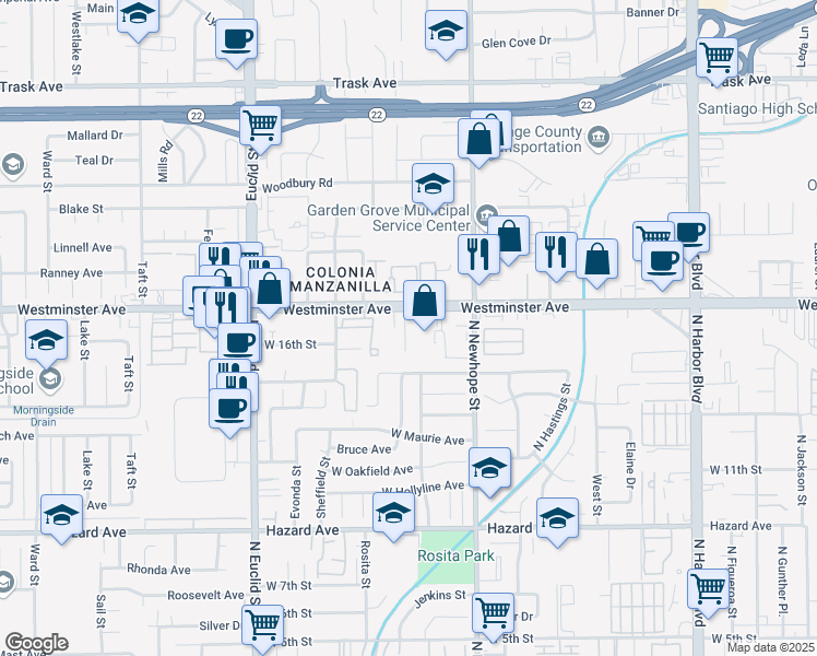 map of restaurants, bars, coffee shops, grocery stores, and more near 1609 North Parsons Place in Santa Ana