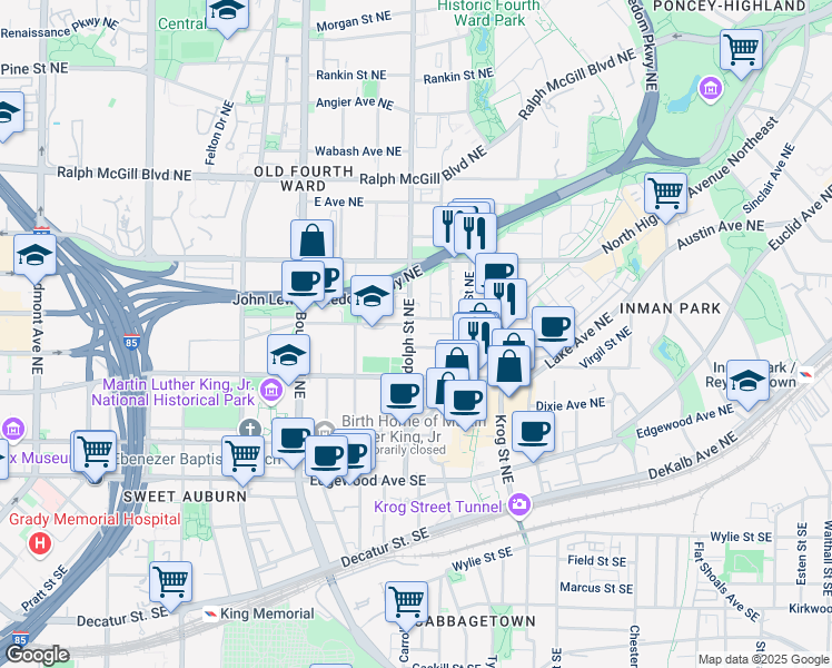 map of restaurants, bars, coffee shops, grocery stores, and more near 173 Randolph Street Northeast in Atlanta