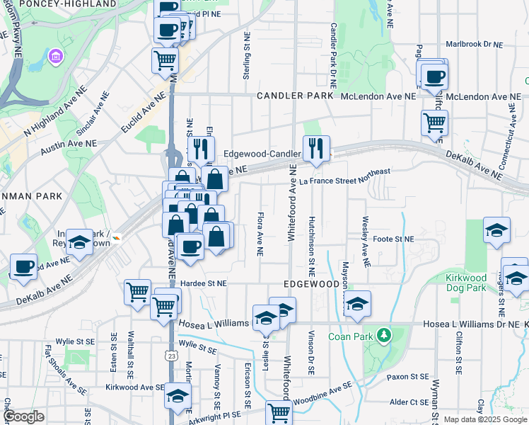 map of restaurants, bars, coffee shops, grocery stores, and more near 195 Flora Avenue Northeast in Atlanta