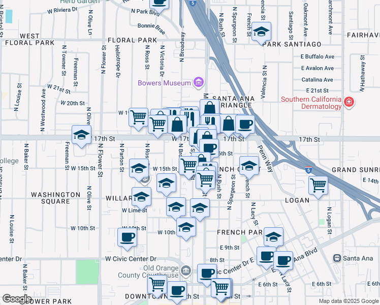 map of restaurants, bars, coffee shops, grocery stores, and more near 1524 North Sycamore Street in Santa Ana