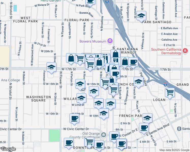 map of restaurants, bars, coffee shops, grocery stores, and more near 1600 North Broadway in Santa Ana
