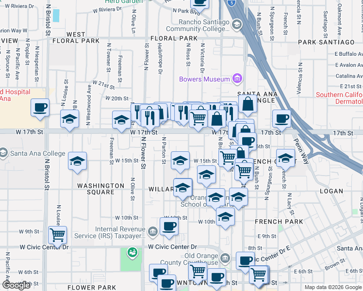 map of restaurants, bars, coffee shops, grocery stores, and more near 1516 North Ross Street in Santa Ana