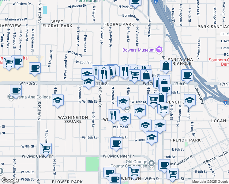 map of restaurants, bars, coffee shops, grocery stores, and more near 1615 North Parton Street in Santa Ana