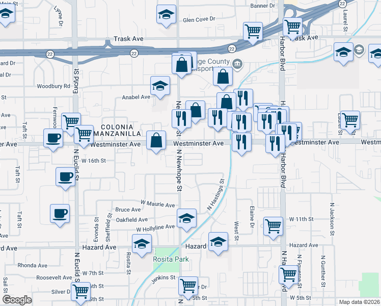 map of restaurants, bars, coffee shops, grocery stores, and more near 4450 Westminster Avenue in Santa Ana