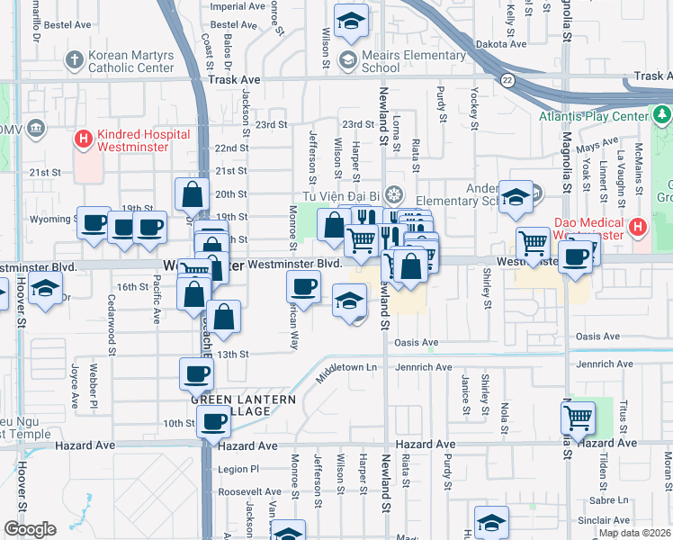 map of restaurants, bars, coffee shops, grocery stores, and more near 8308 Westminster Boulevard in Westminster