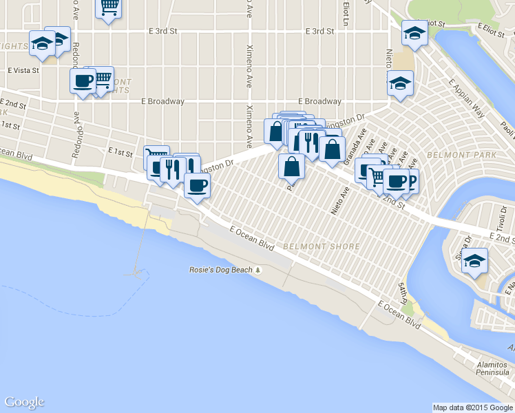 map of restaurants, bars, coffee shops, grocery stores, and more near 71 Quincy Avenue in Long Beach