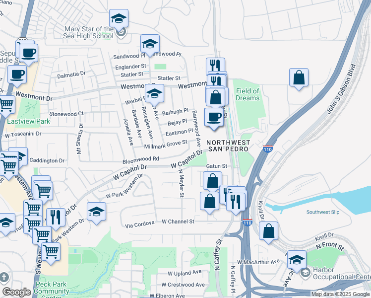 map of restaurants, bars, coffee shops, grocery stores, and more near 307 Bloomwood Road in Los Angeles