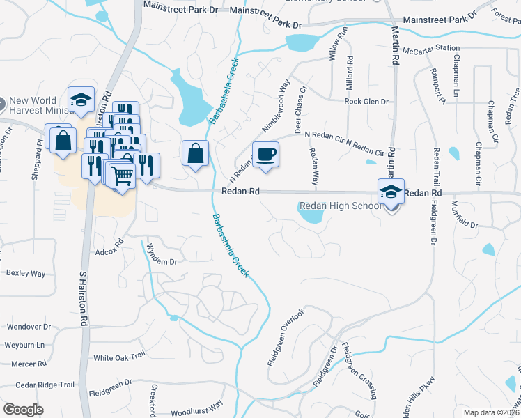 map of restaurants, bars, coffee shops, grocery stores, and more near 1189 Mill Lake Circle in Stone Mountain