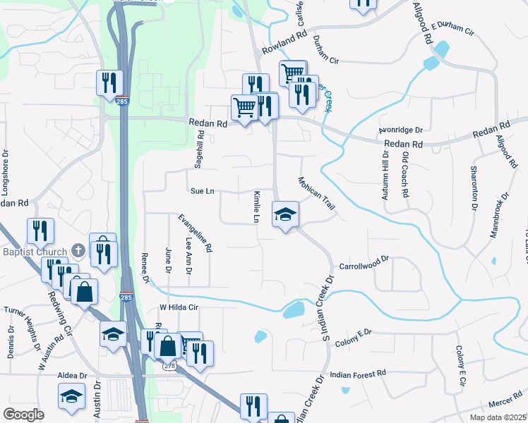map of restaurants, bars, coffee shops, grocery stores, and more near 1317 South Indian Creek Drive in Decatur