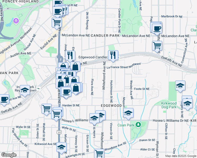 map of restaurants, bars, coffee shops, grocery stores, and more near 192 La France Walk in Atlanta