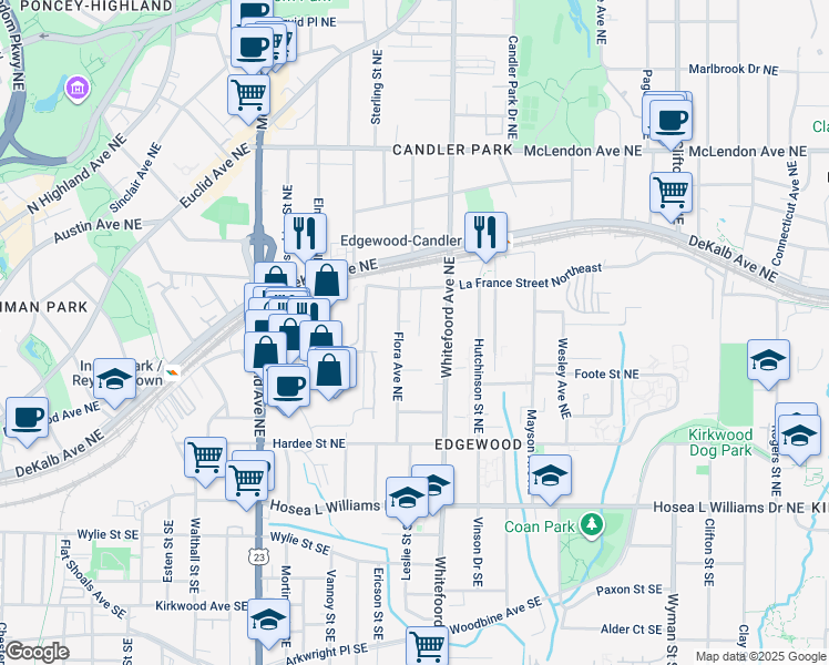 map of restaurants, bars, coffee shops, grocery stores, and more near 195 Flora Avenue Northeast in Atlanta