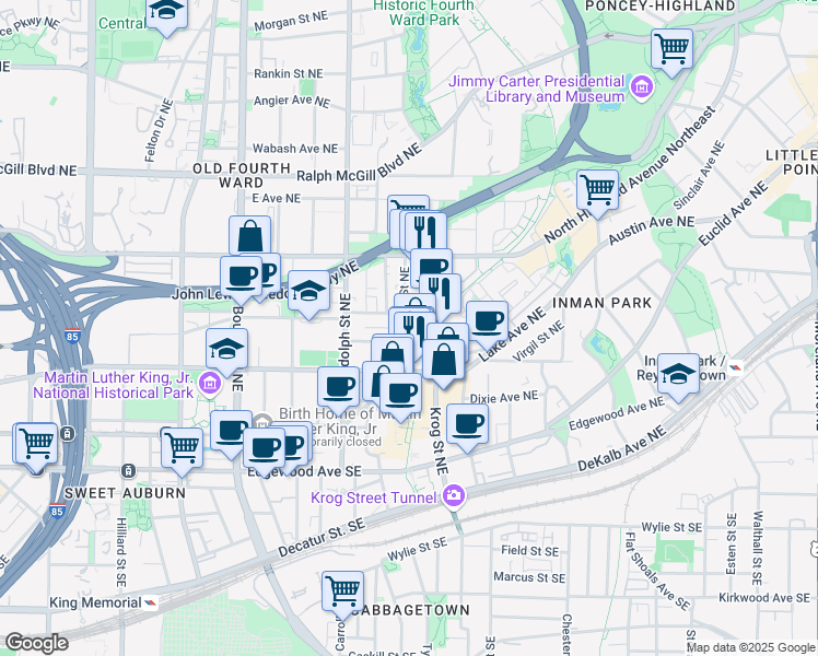 map of restaurants, bars, coffee shops, grocery stores, and more near 175 Sampson Street Northeast in Atlanta