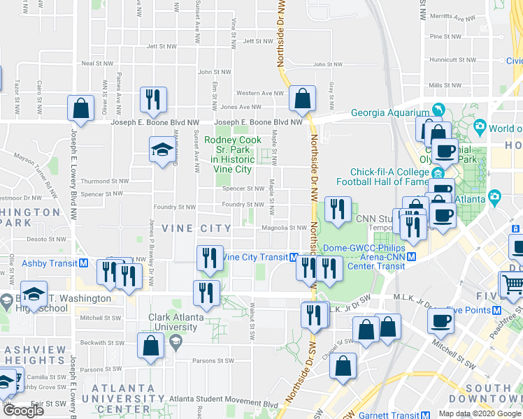 map of restaurants, bars, coffee shops, grocery stores, and more near 561 Spencer Street Northwest in Atlanta