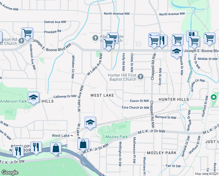 map of restaurants, bars, coffee shops, grocery stores, and more near 1605 Ezra Church Drive Northwest in Atlanta