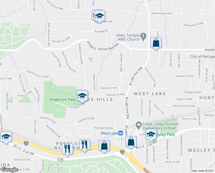 map of restaurants, bars, coffee shops, grocery stores, and more near 1831 Oakmont Drive Northwest in Atlanta