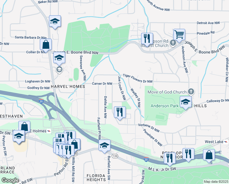 map of restaurants, bars, coffee shops, grocery stores, and more near 192 Joe Louis Drive Northwest in Atlanta