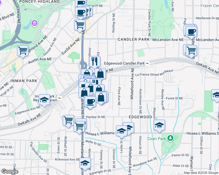 map of restaurants, bars, coffee shops, grocery stores, and more near 190 Marion Place Northeast in Atlanta