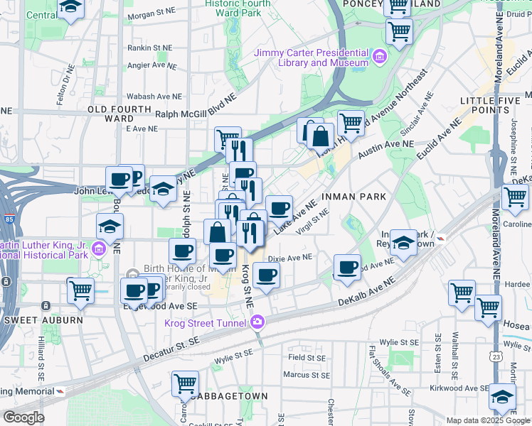 map of restaurants, bars, coffee shops, grocery stores, and more near 599 Brickworks Circle Northeast in Atlanta