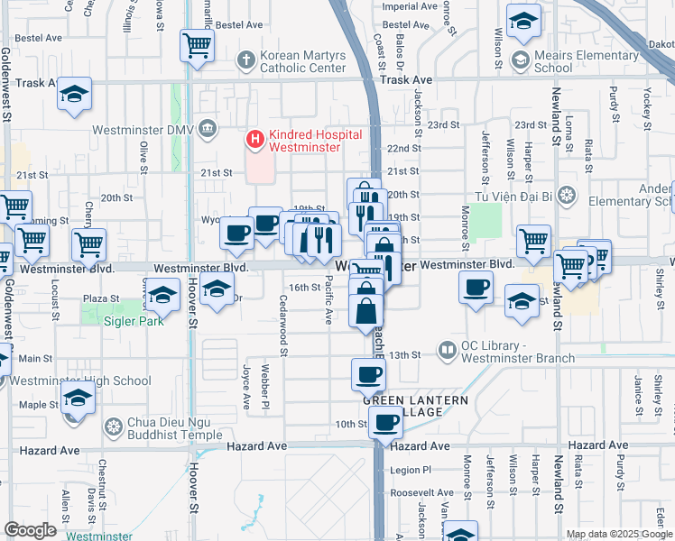 map of restaurants, bars, coffee shops, grocery stores, and more near 7878 Westminster Boulevard in Westminster